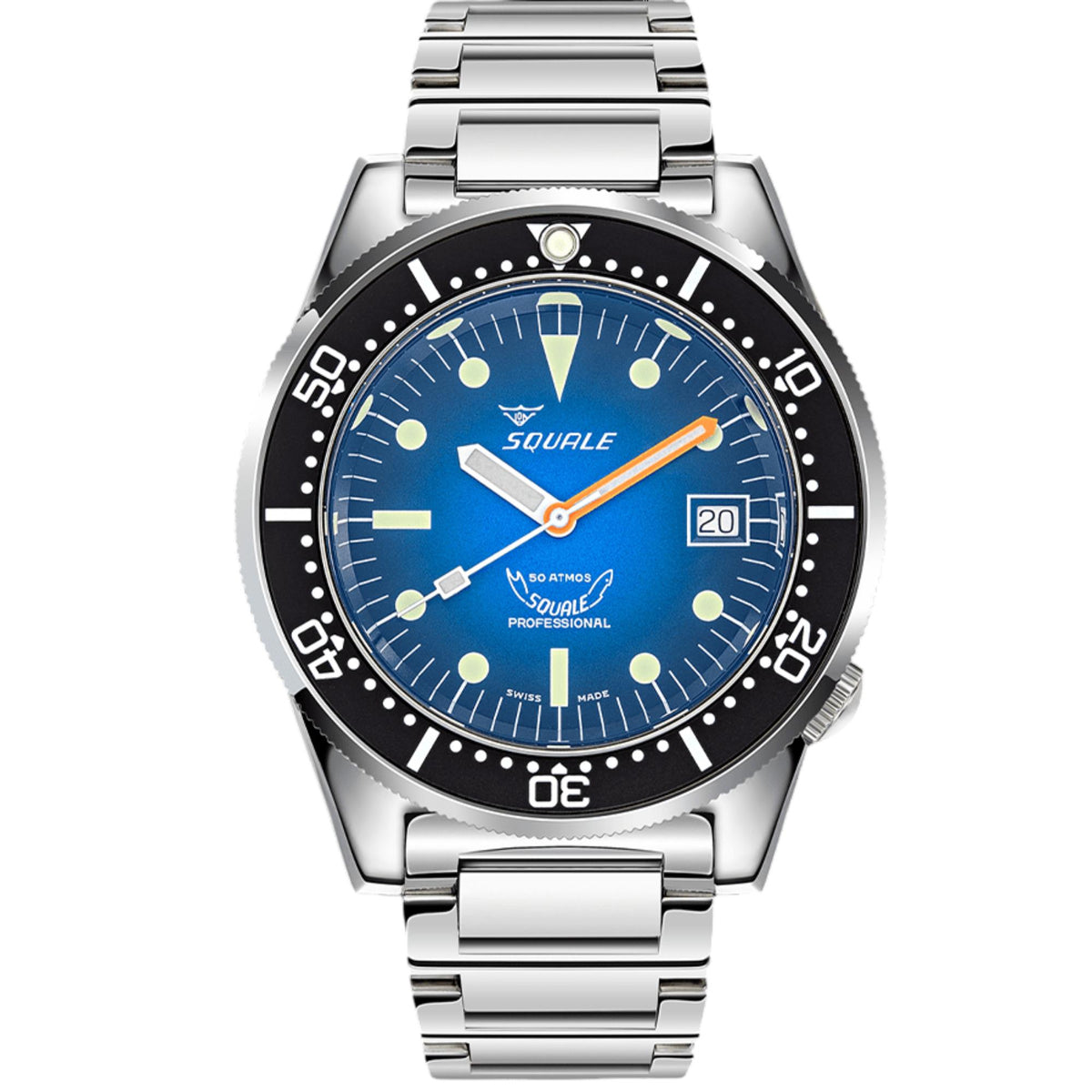 Men's steel bracelet watch featuring a blue dial, black bezel markers, and date window.