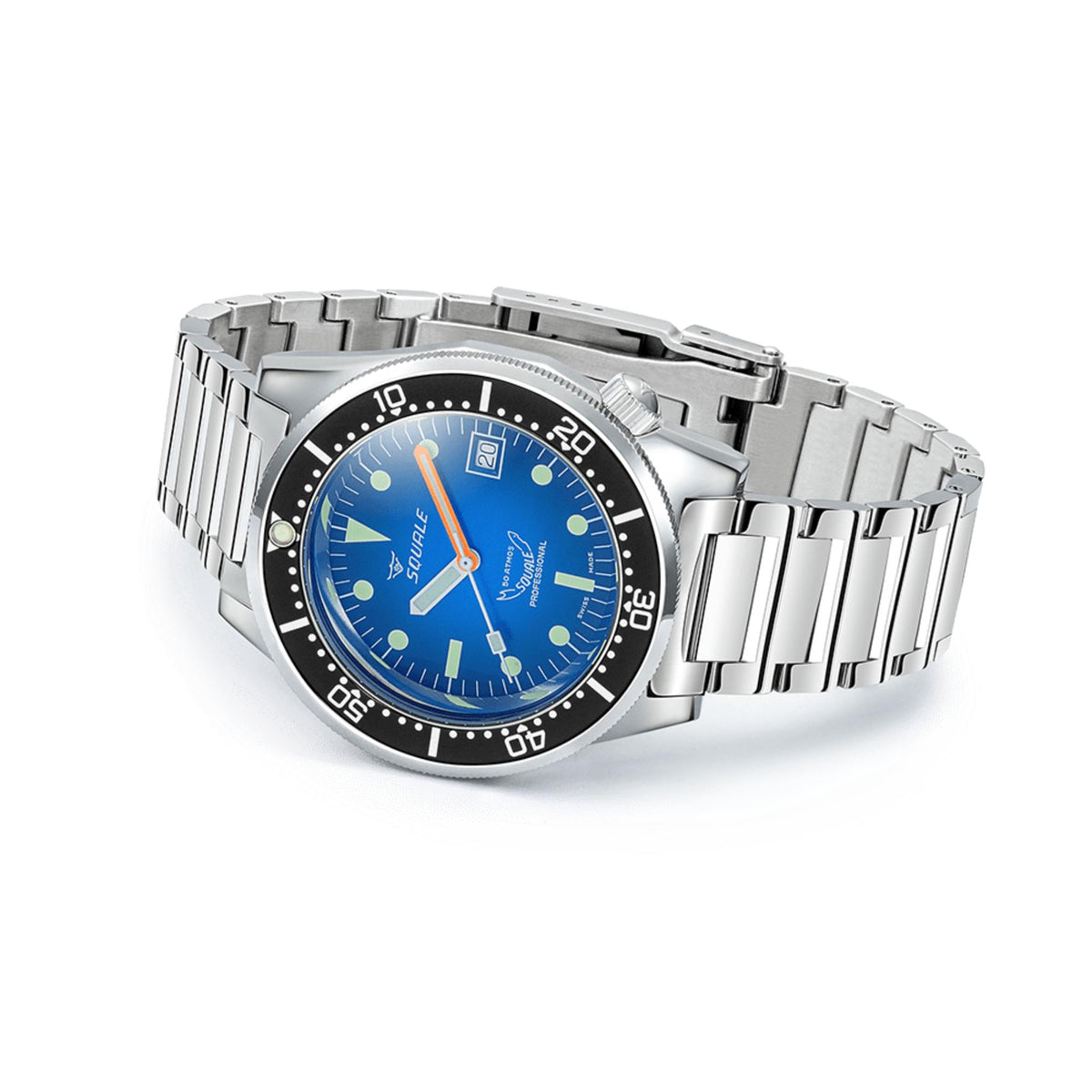Men's steel sport watch with blue dial and black bezel, side view with bracelet links.