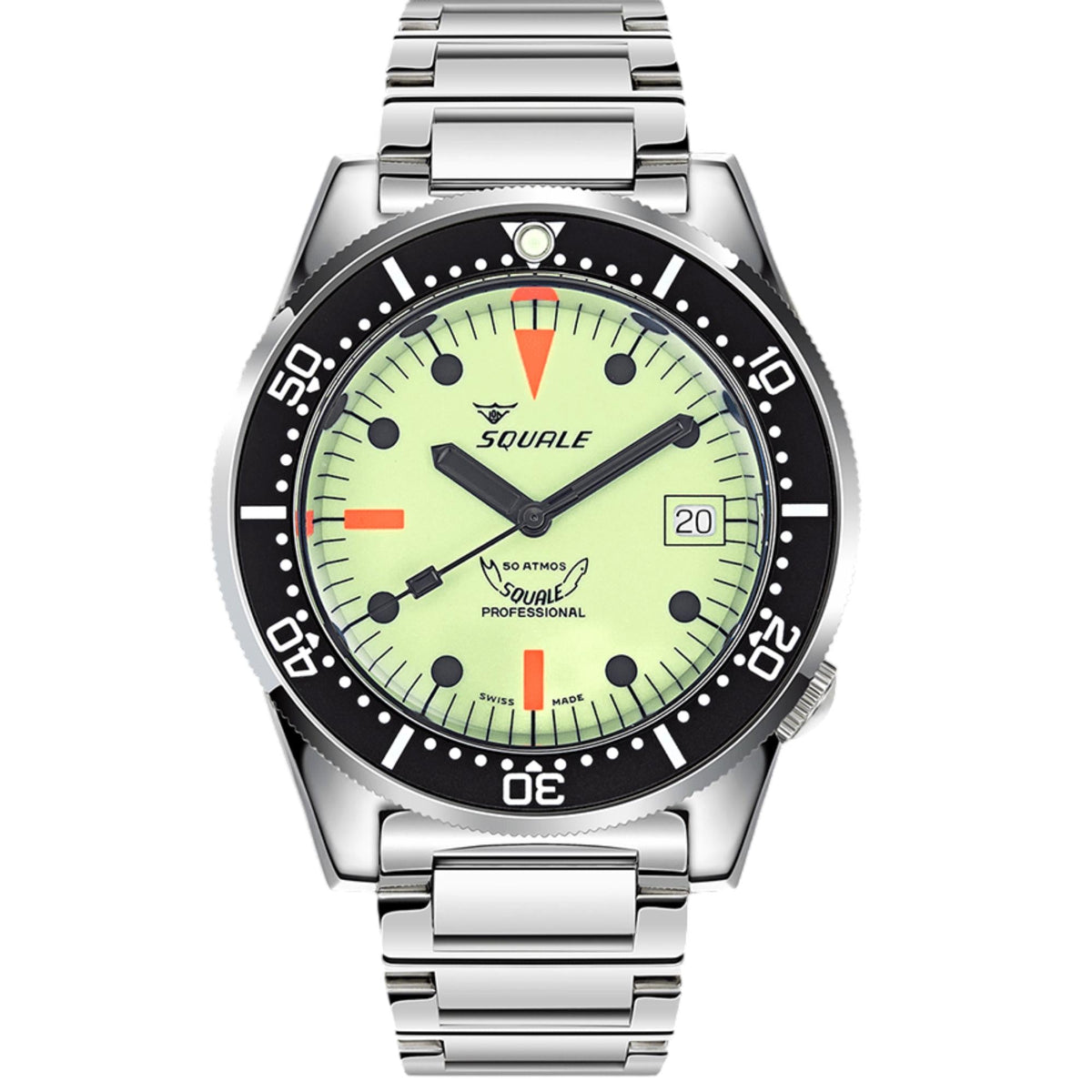 Men's steel automatic watch with green luminous dial, black bezel, and metal bracelet