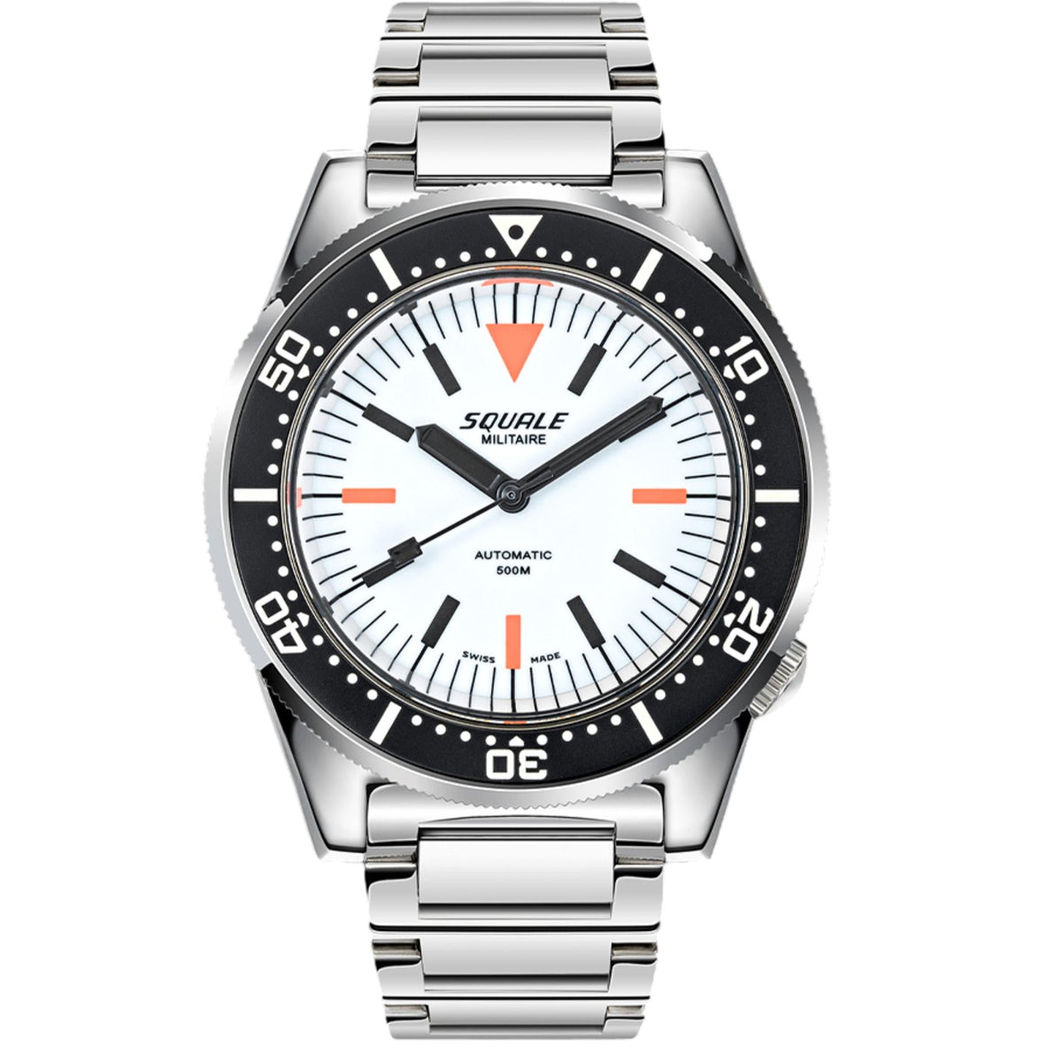Men's Squale steel watch with white dial, black bezel, orange accents, automatic movement