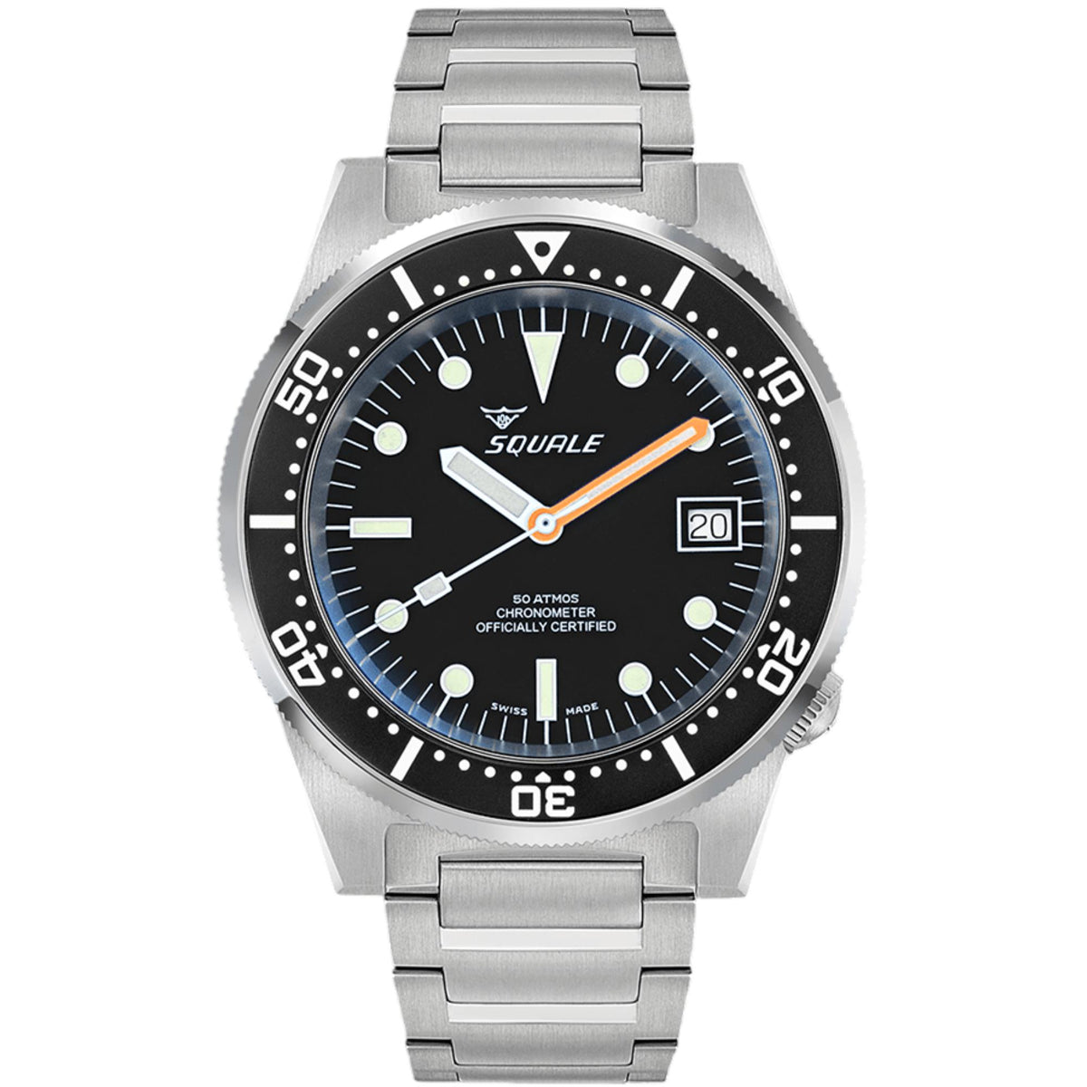 Men's steel diver watch, front view black dial, orange hands, date window at 20