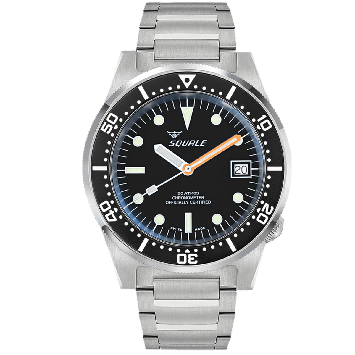 Men's steel diver watch, black dial and steel bracelet, orange hands and date at 20
