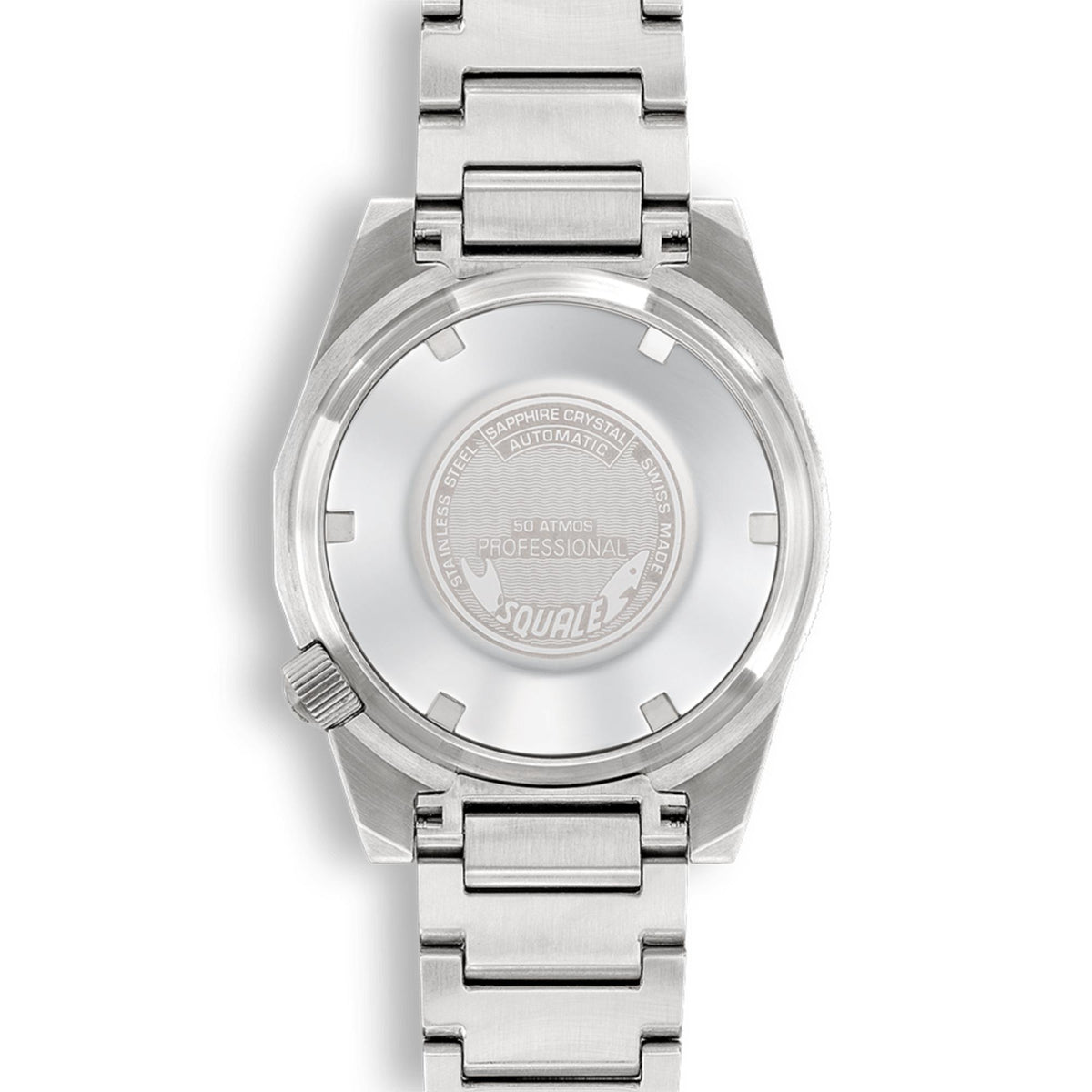 Men's steel automatic watch caseback with engraved text and links bracelet