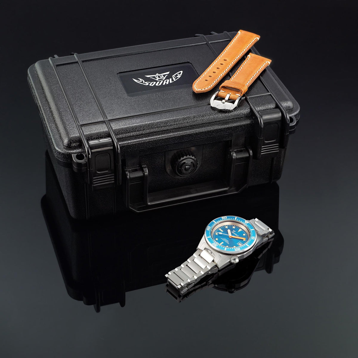 Men's automatic watch with blue dial and steel bracelet, shown with black storage case