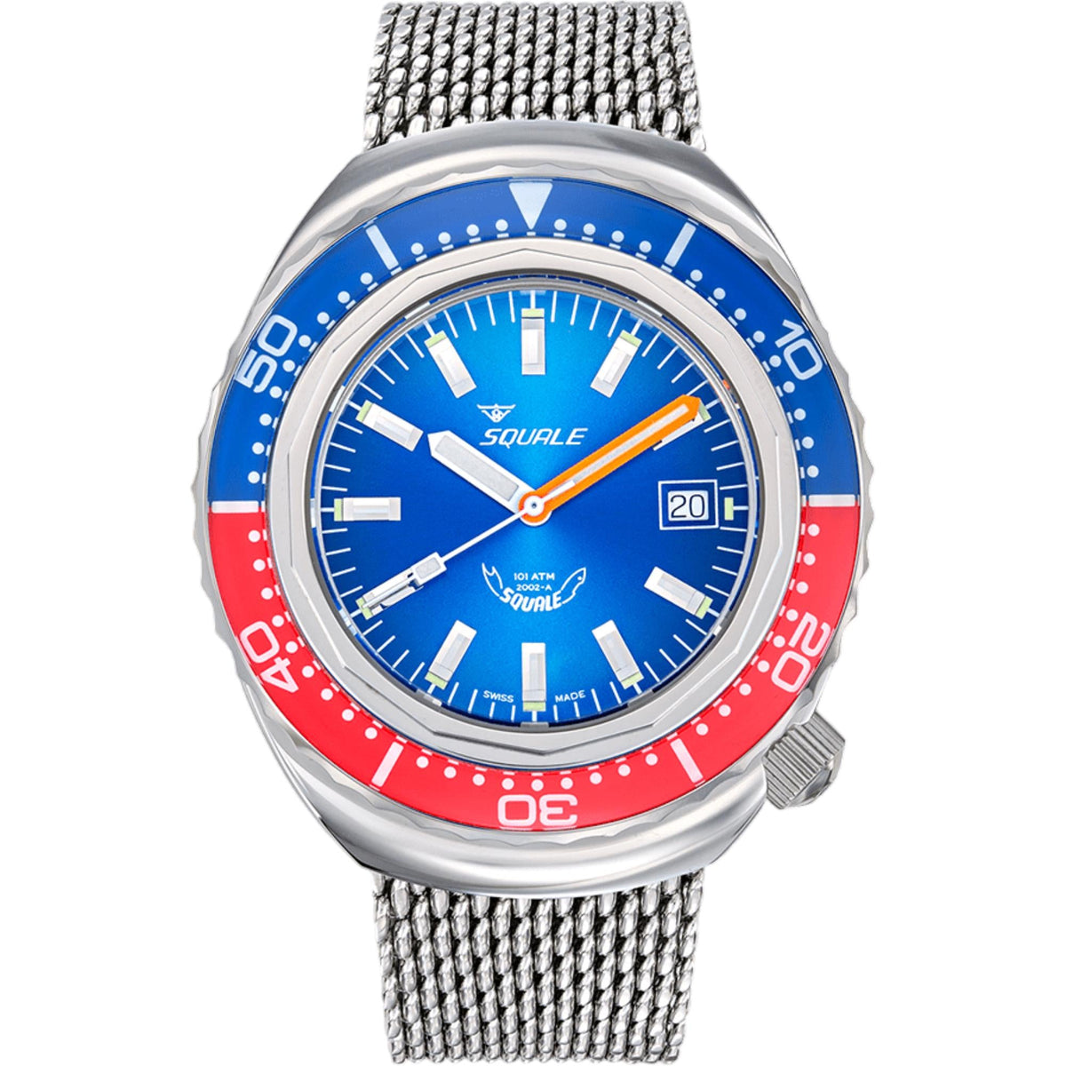 Men's automatic wristwatch with blue dial, red bezel ring, steel mesh strap