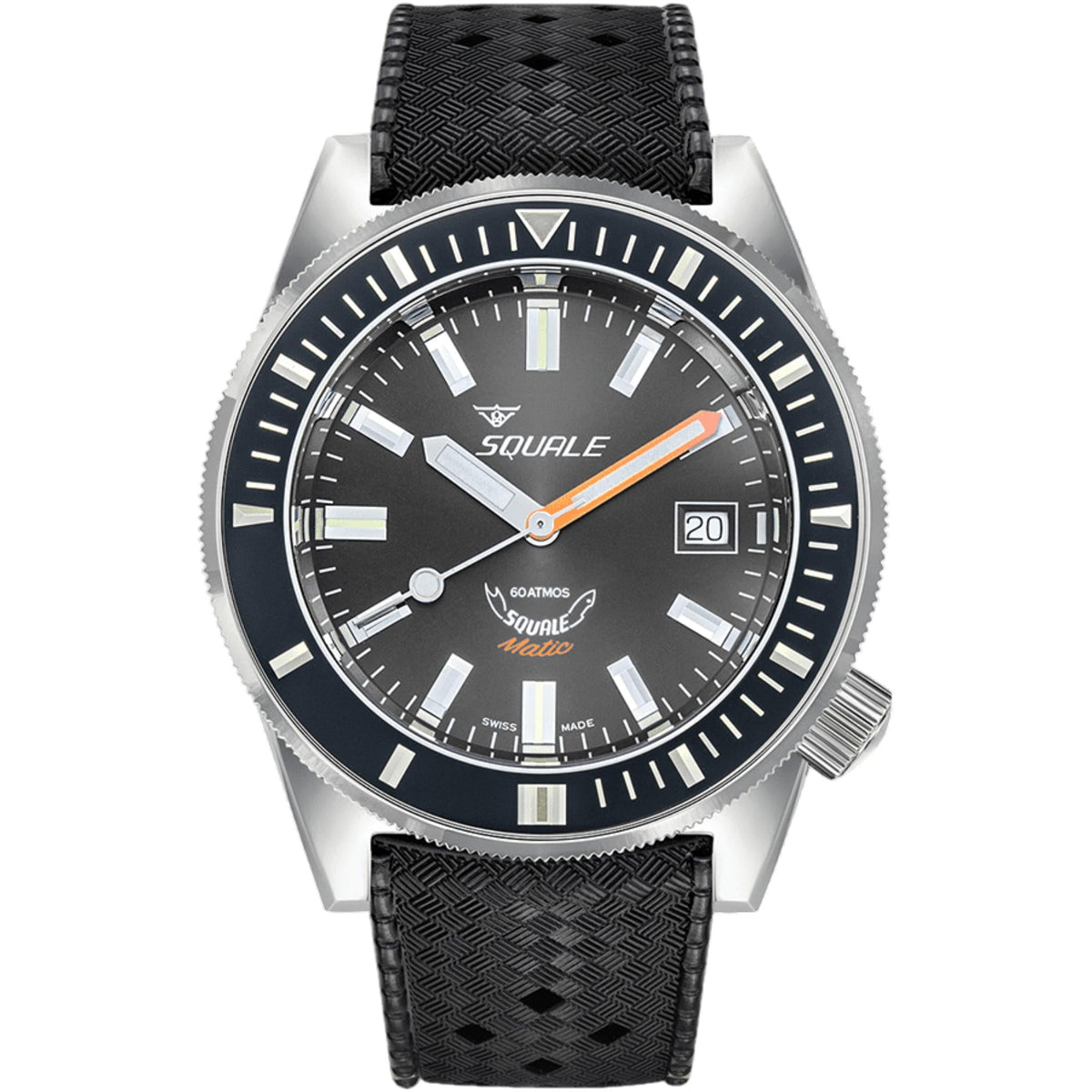 Men's automatic watch front view: black dial with orange hand, black textured strap