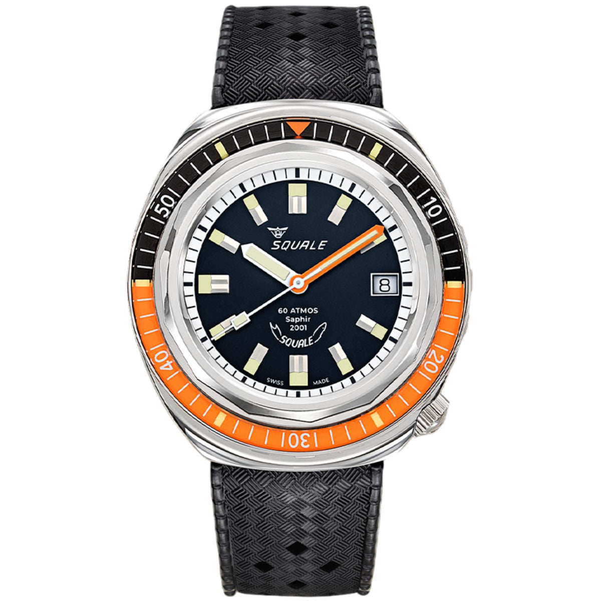 Men's automatic watch with dark green dial, orange bezel ring, black rubber strap