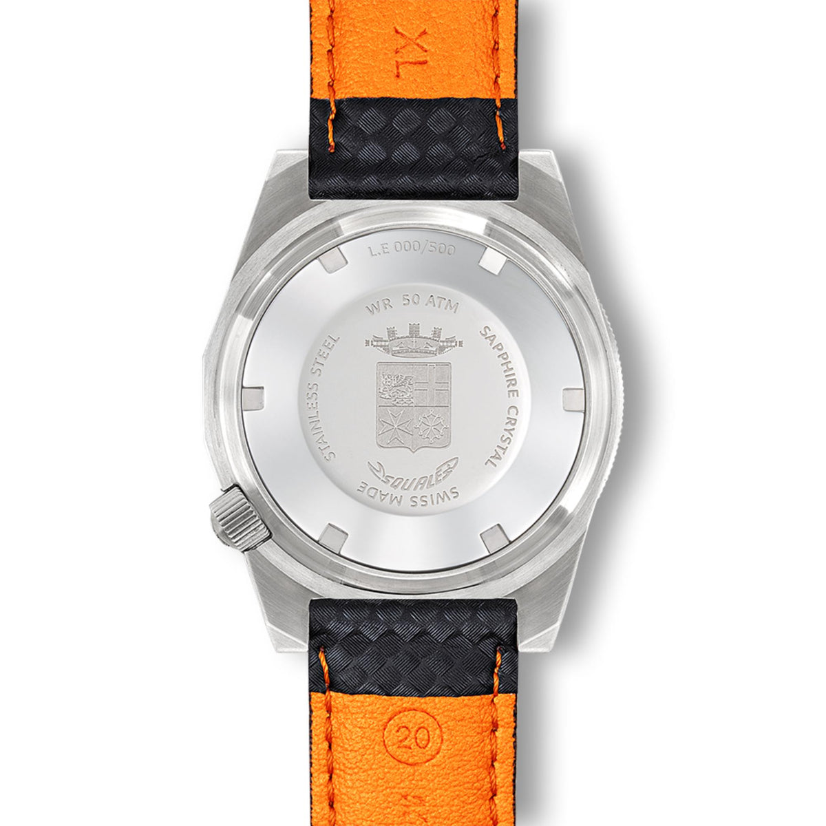 Men's diver watch caseback engraved with crest, black strap with orange stitching