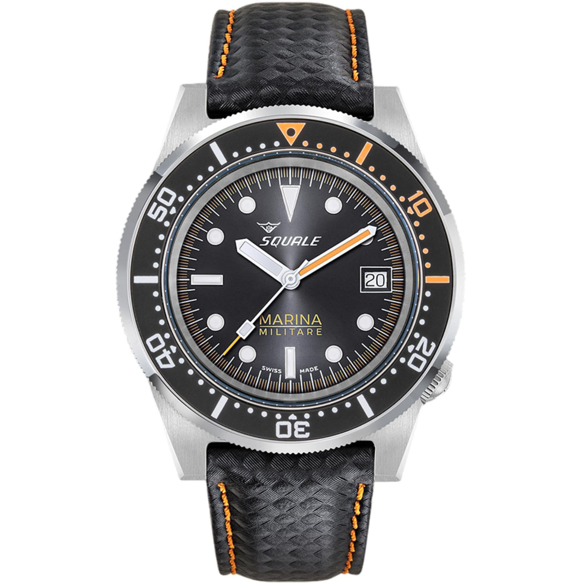 Men's diver watch front view with black dial, orange bezel markers, steel case, black strap