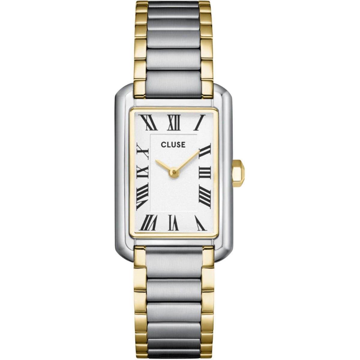 Two-tone steel wristwatch with white dial, Roman numerals, and clasp bracelet front view