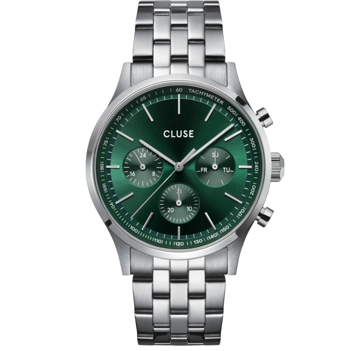Men's quartz chronograph watch with green dial, three subdials, and stainless steel bracelet.