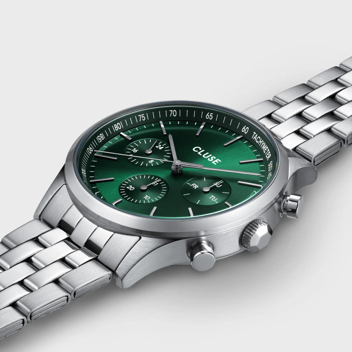 Stainless steel chronograph watch with green dial and three subdials