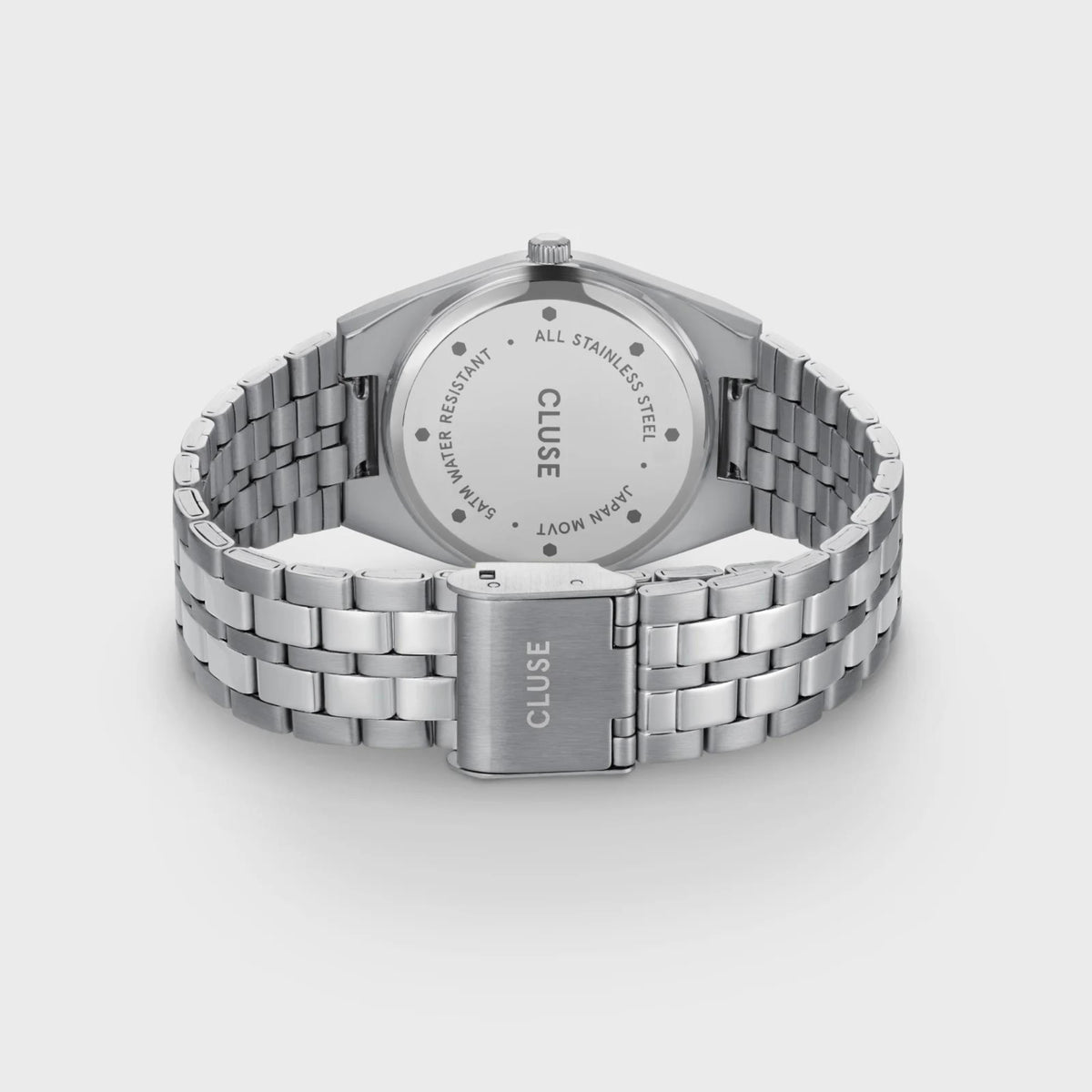Stainless steel women’s quartz watch with link bracelet and visible case back text