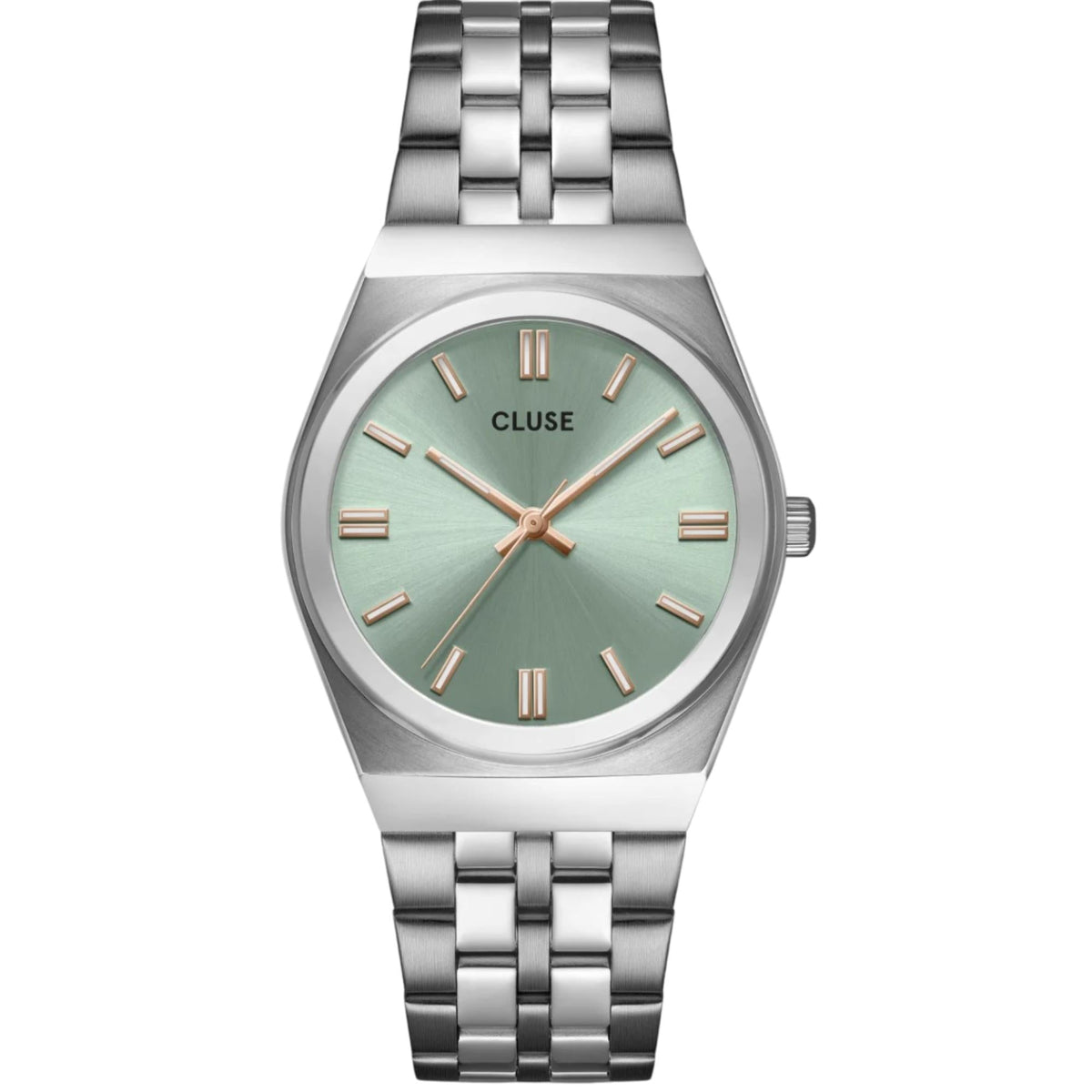 Stainless steel wristwatch with mint-green dial, rose gold indices, and link bracelet