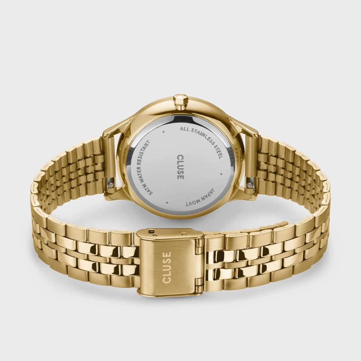 Gold-tone steel wristwatch with linked bracelet strap and round case