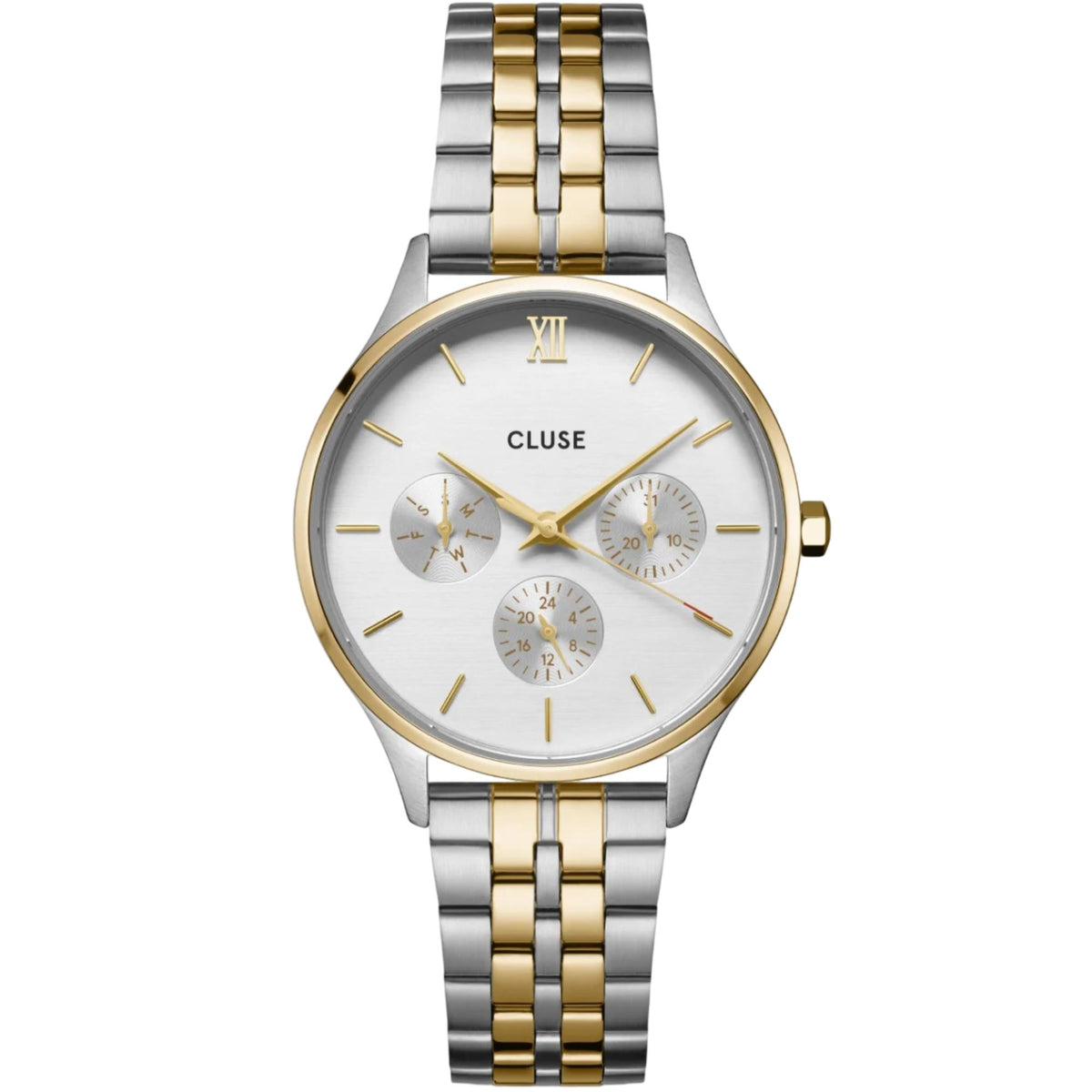 Women’s two-tone chronograph watch with white dial, Roman numeral marks, and link bracelet