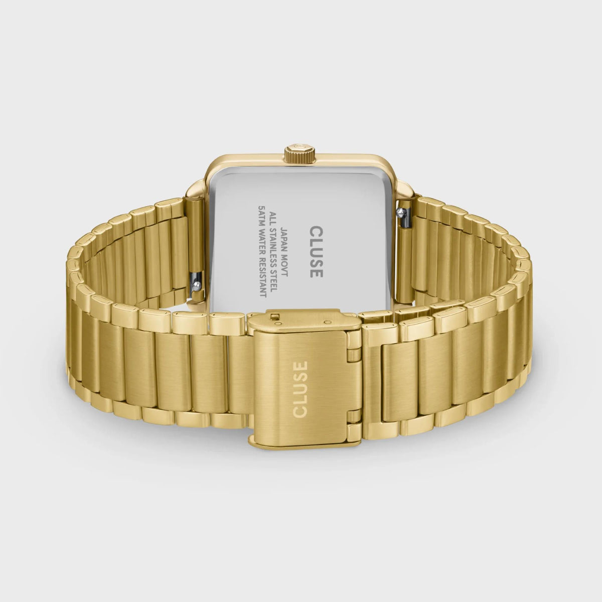 Gold-tone steel wristwatch with rectangular case back and metal bracelet