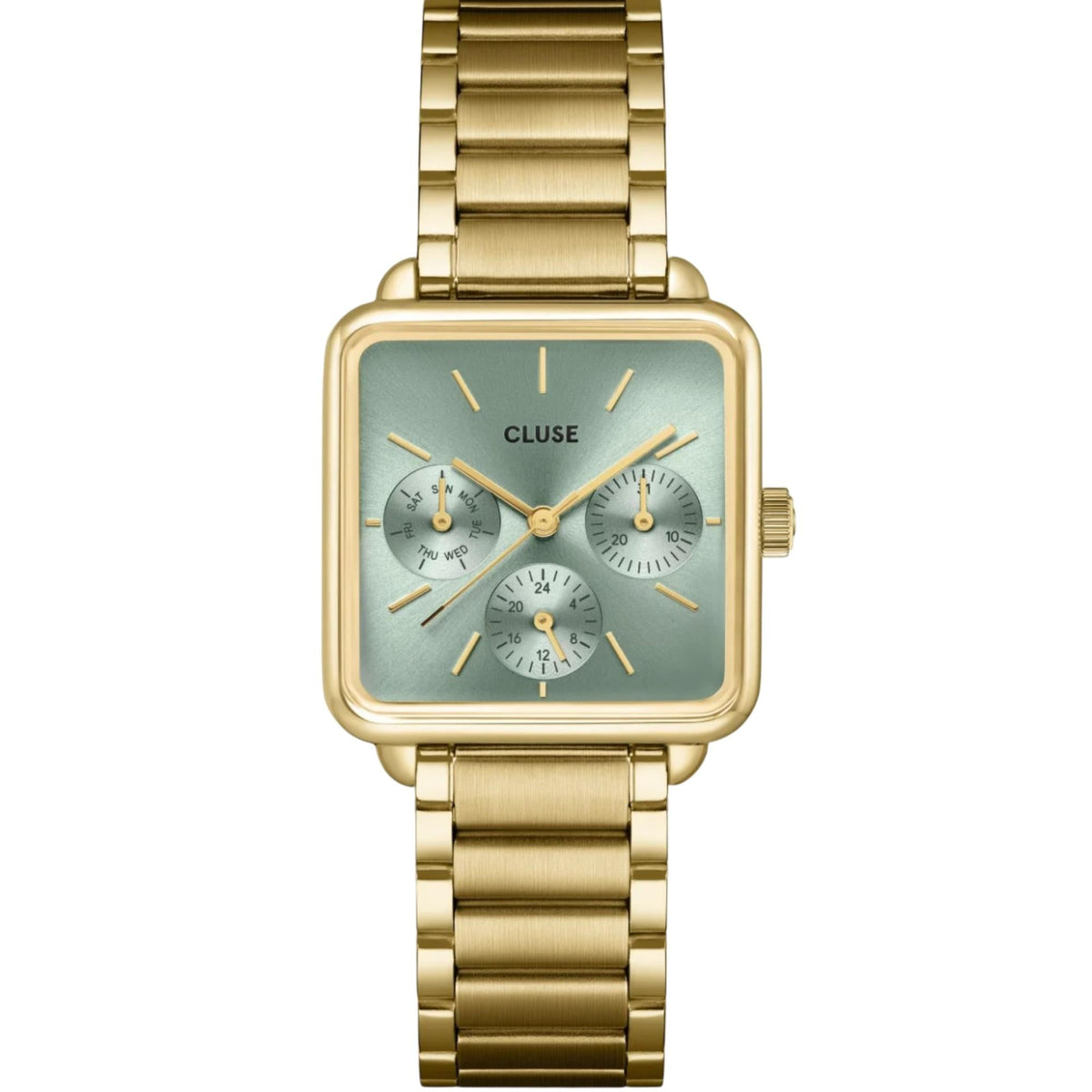Square gold-tone chronograph watch front view, light green dial with subdials