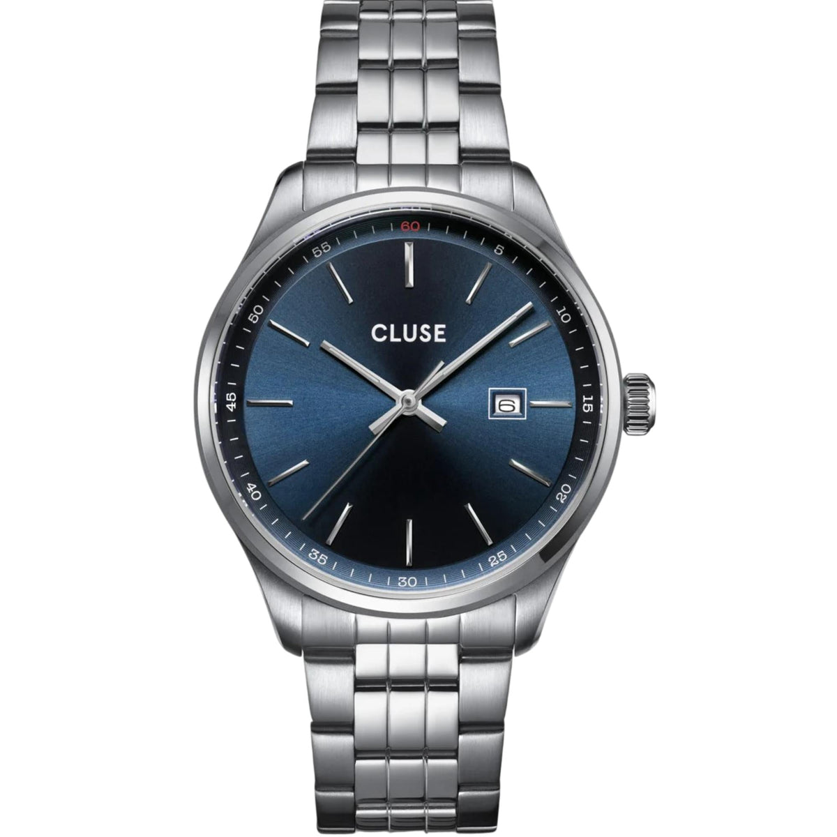 Men's steel wristwatch with blue dial, baton markers, and three-hand design