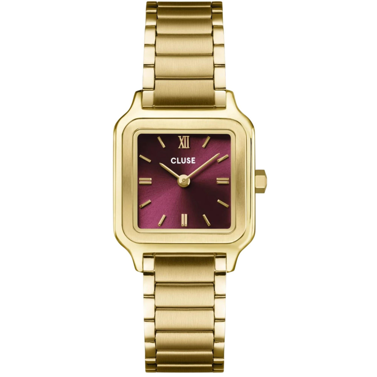 Gold square quartz watch with burgundy dial, roman numerals, metal bracelet strap