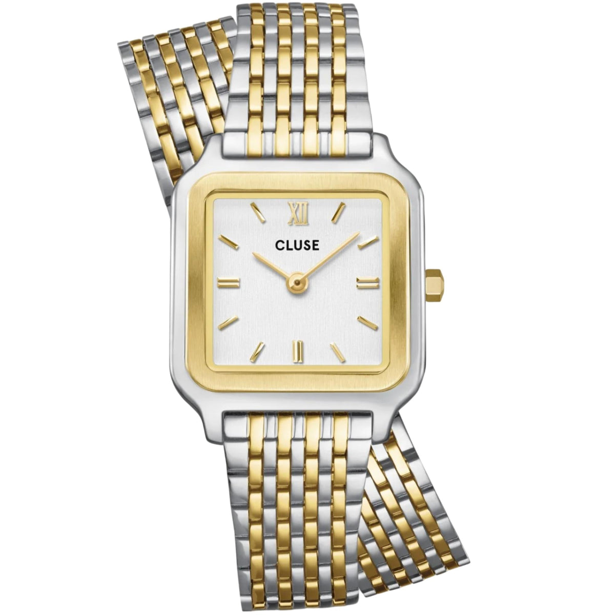 Square quartz watch with gold dial and two-tone metal mesh bracelet