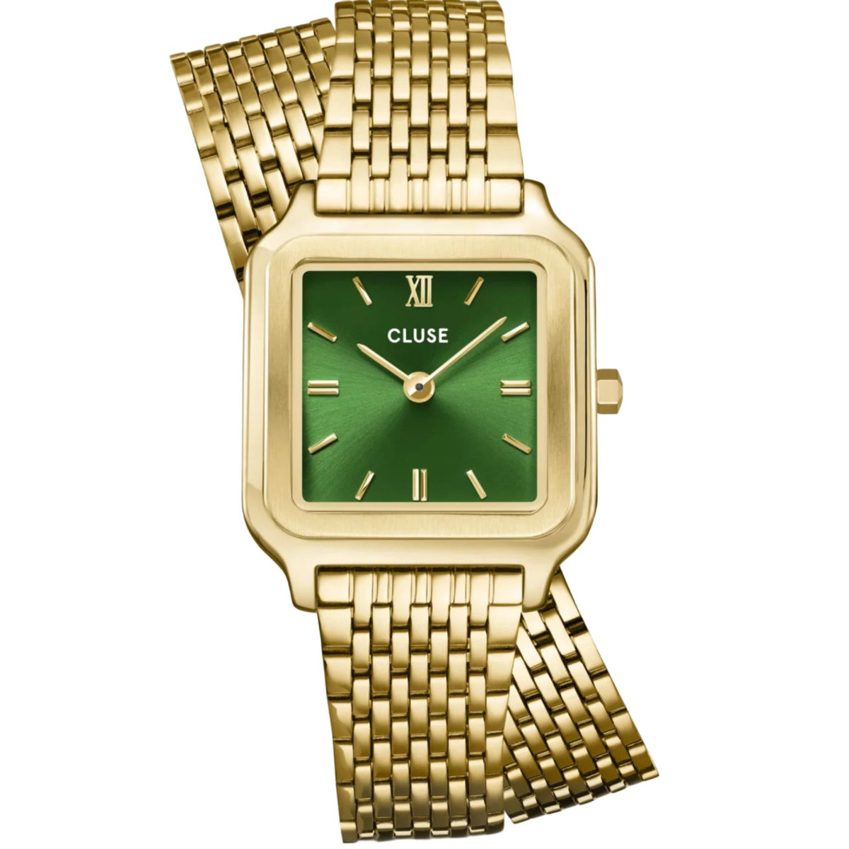 Gold-tone stainless steel watch with green dial and metal mesh bracelet strap