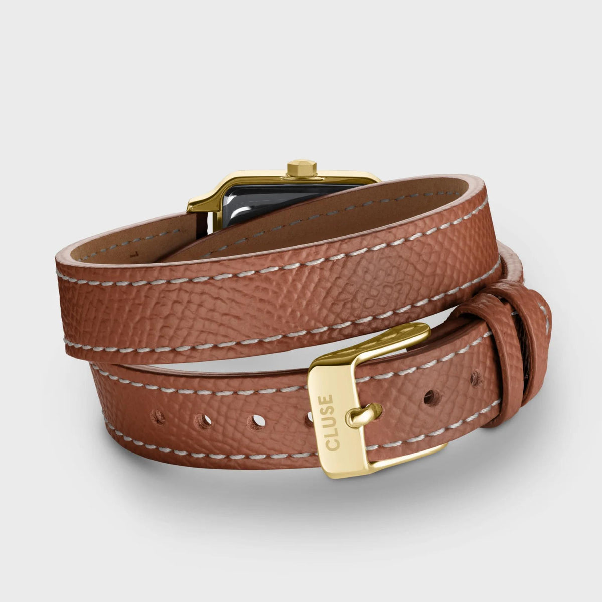 CLUSE brown leather watch strap with gold-tone buckle and square gold-tone case