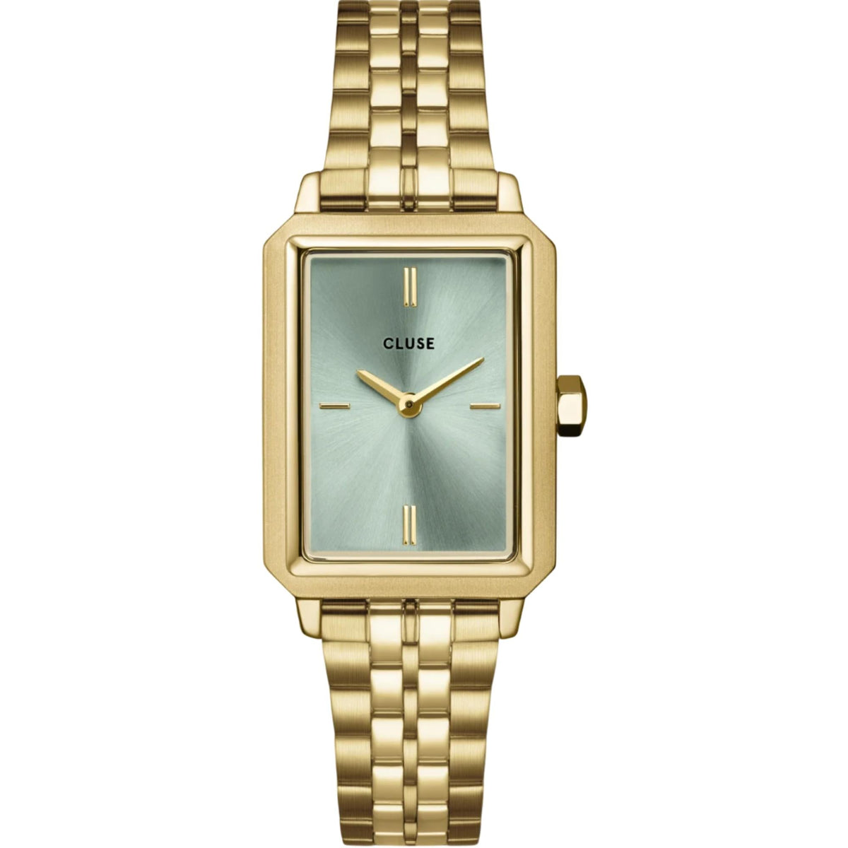 Rectangular gold-tone watch with green dial, gold hands, and steel link bracelet