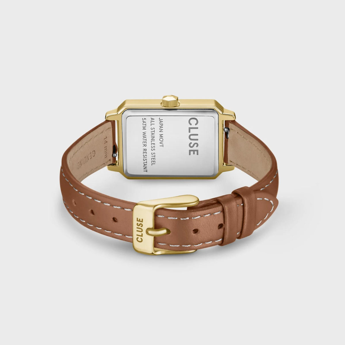 CLUSE women's quartz watch back with clasp and brown leather strap, gold case