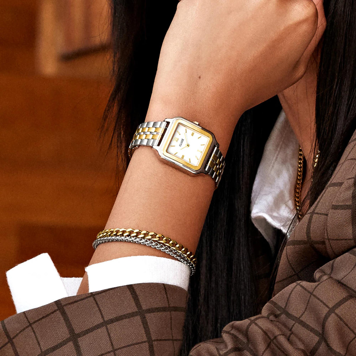 Women's rectangular quartz watch with white dial and two-tone metal link strap