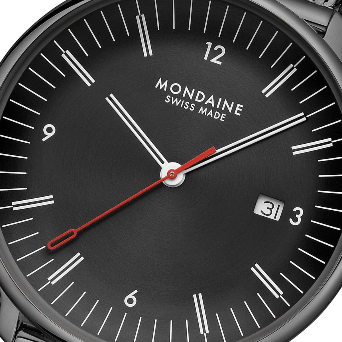 Mondaine Doppio MLE.41220.SM black dial, white hands, red second hand, and date window close up