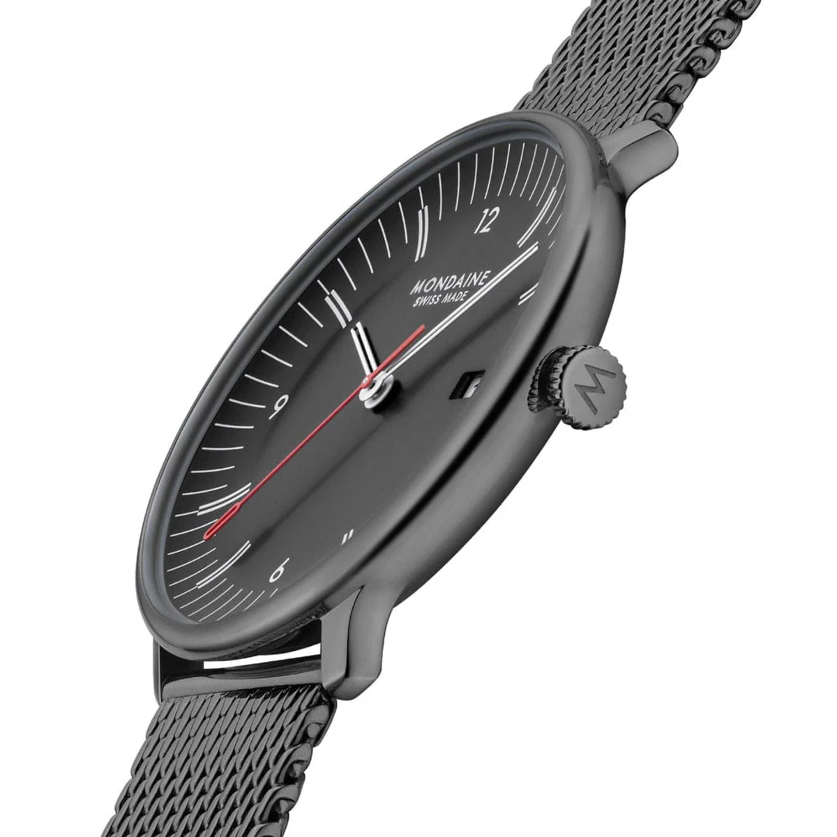 Mondaine Doppio MLE.41220.SM angled side profile showing crown detail