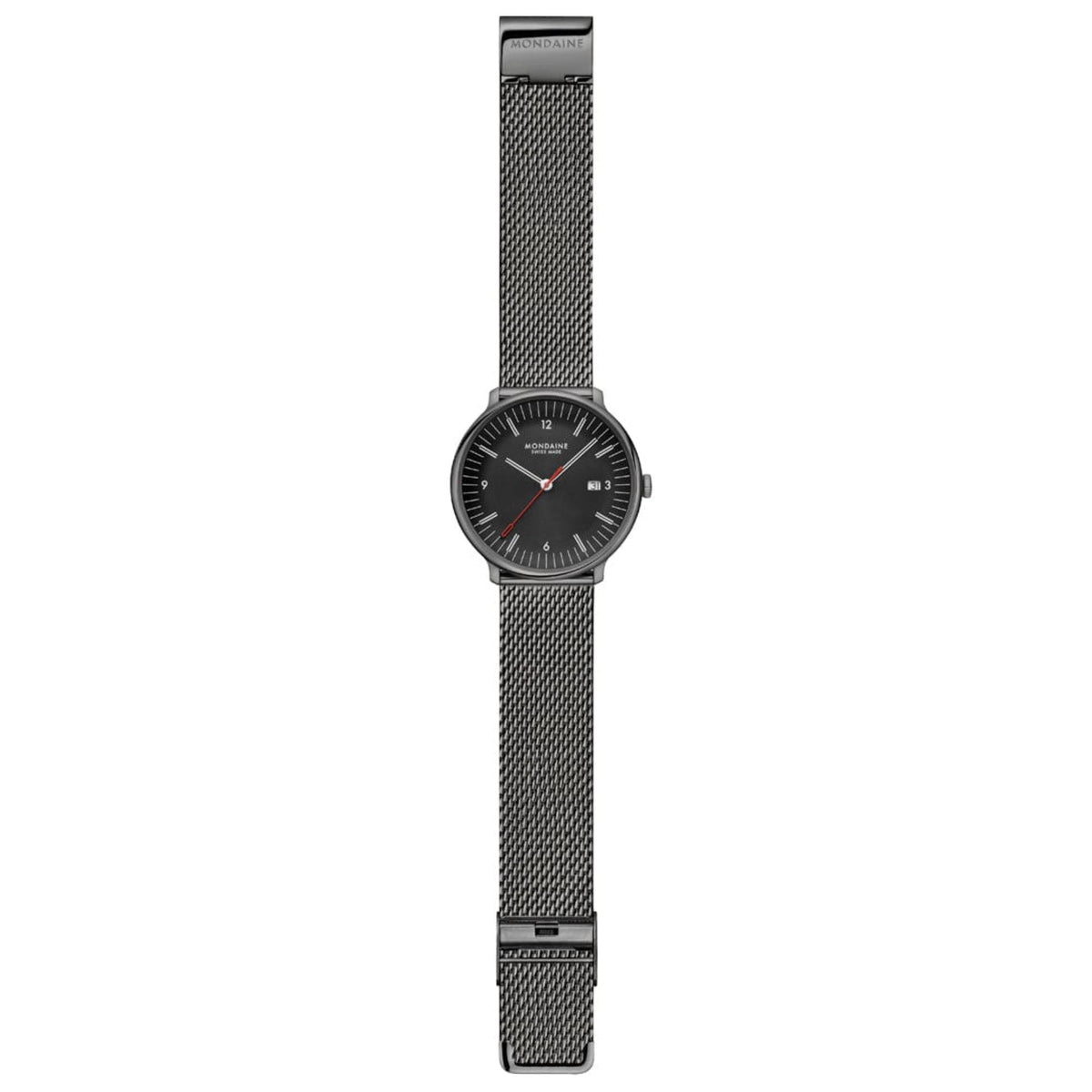 Mondaine Doppio MLE.41220.SM full length flat lay view with extended mesh strap