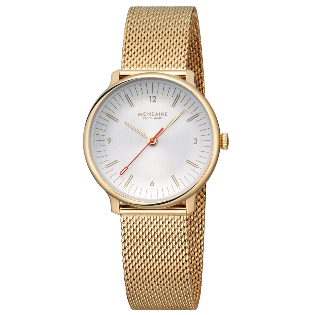 Mondaine Doppio MLE.33111.SM quartz off-white dial gold mesh strap women's watch