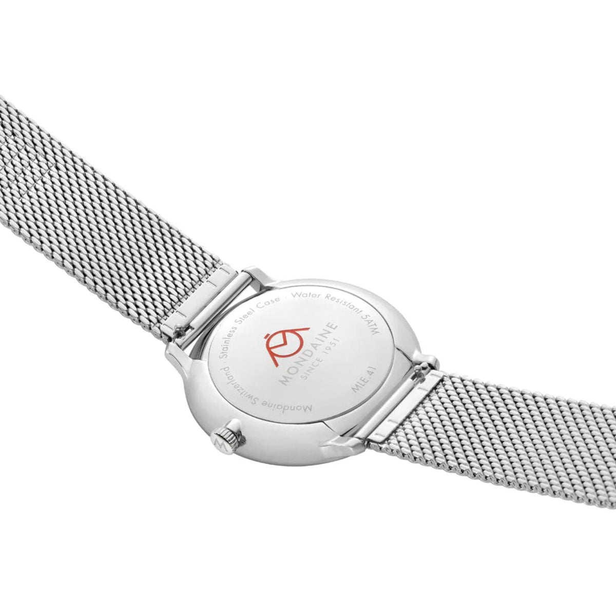 Mondaine Doppio MLE.41910.SM stainless steel engraved caseback and mesh strap detail
