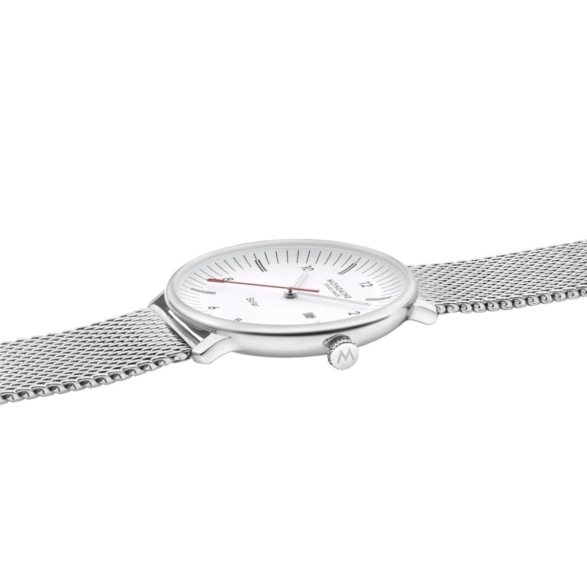 Mondaine Doppio MLE.41910.SM solar white dial watch flat profile view showing slim case and mesh strap
