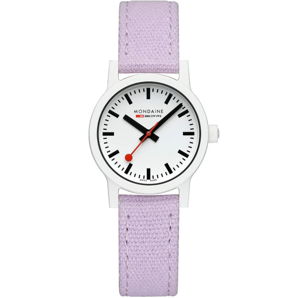 Women’s quartz watch with white dial, black index marks, and lavender textile strap
