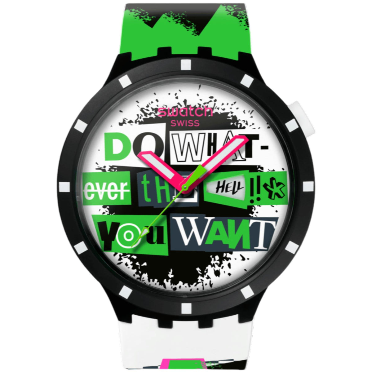 Black-cased silicone watch with white strap and colorful graphic dial with hands
