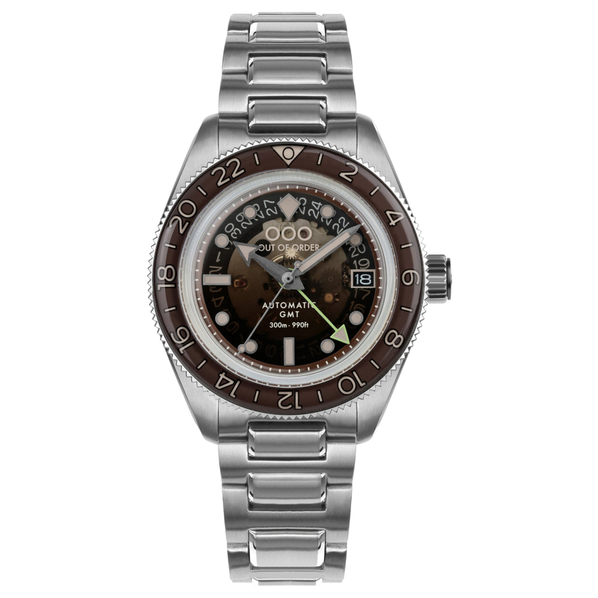 Men's automatic steel diver-style watch with dark brown dial and jubilee bracelet