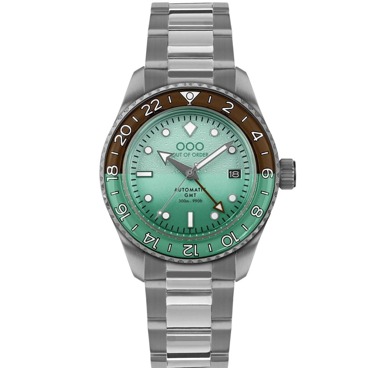 Men's automatic GMT watch on stainless steel bracelet with mint green dial