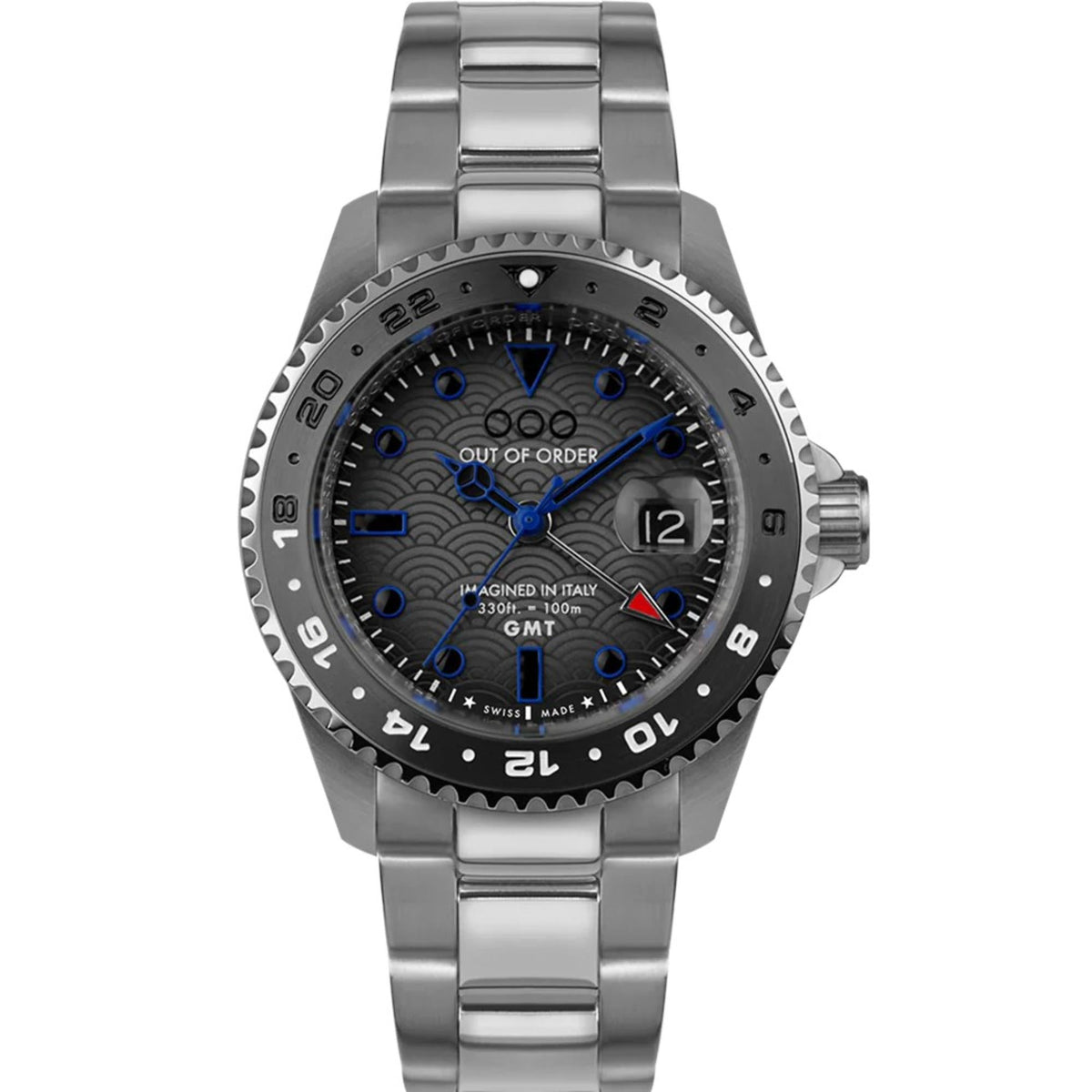 Stainless steel GMT watch with blue dial details and date window, front view