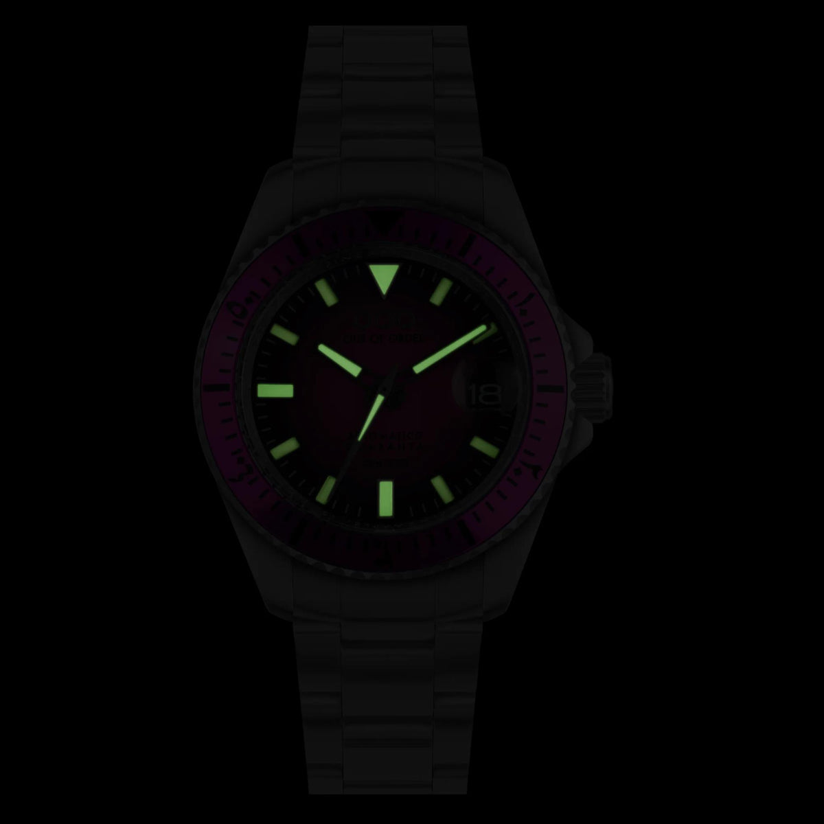 Men's automatic watch with dark magenta dial and luminous green hands