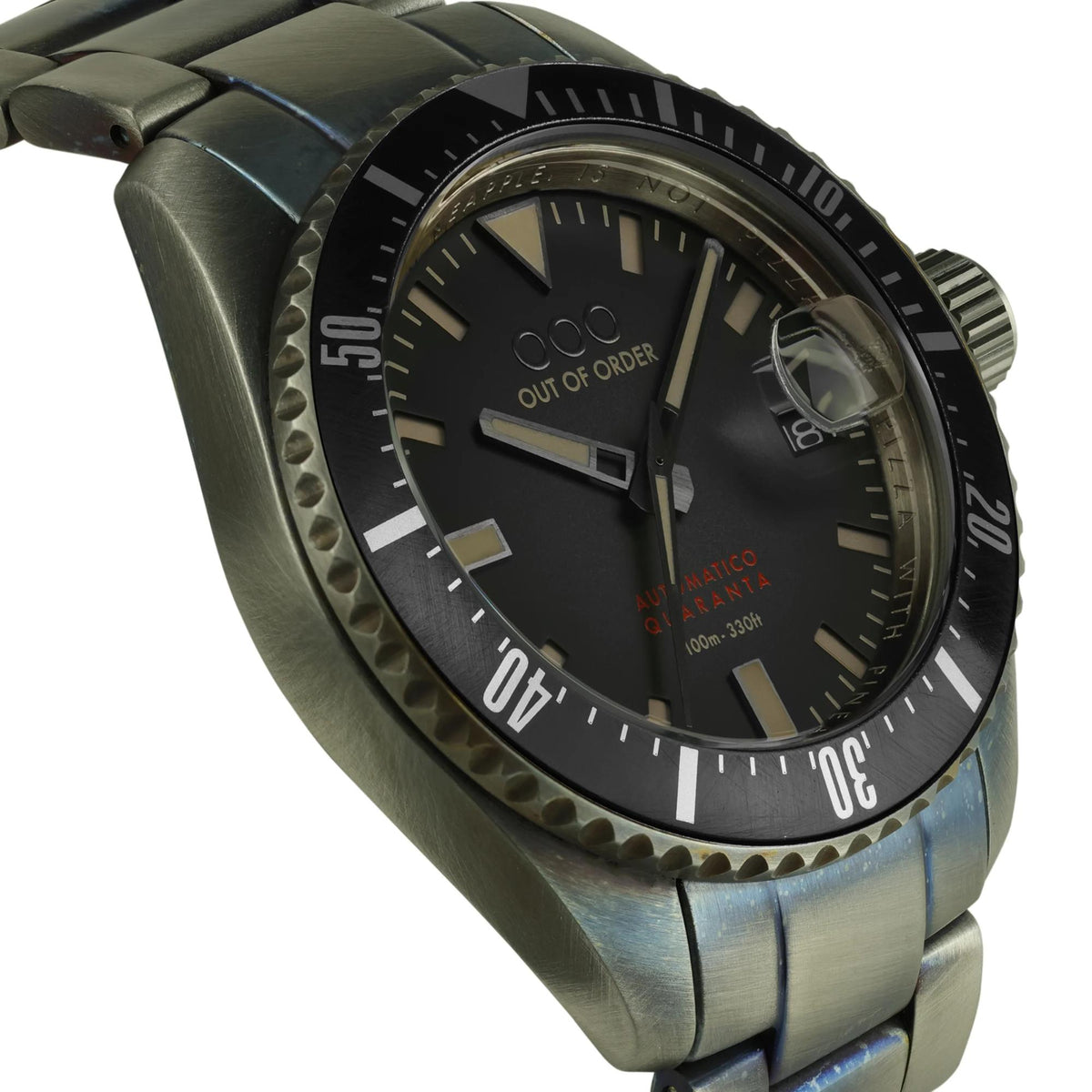 Angled men's black dial steel watch with bezel minute marks and date display