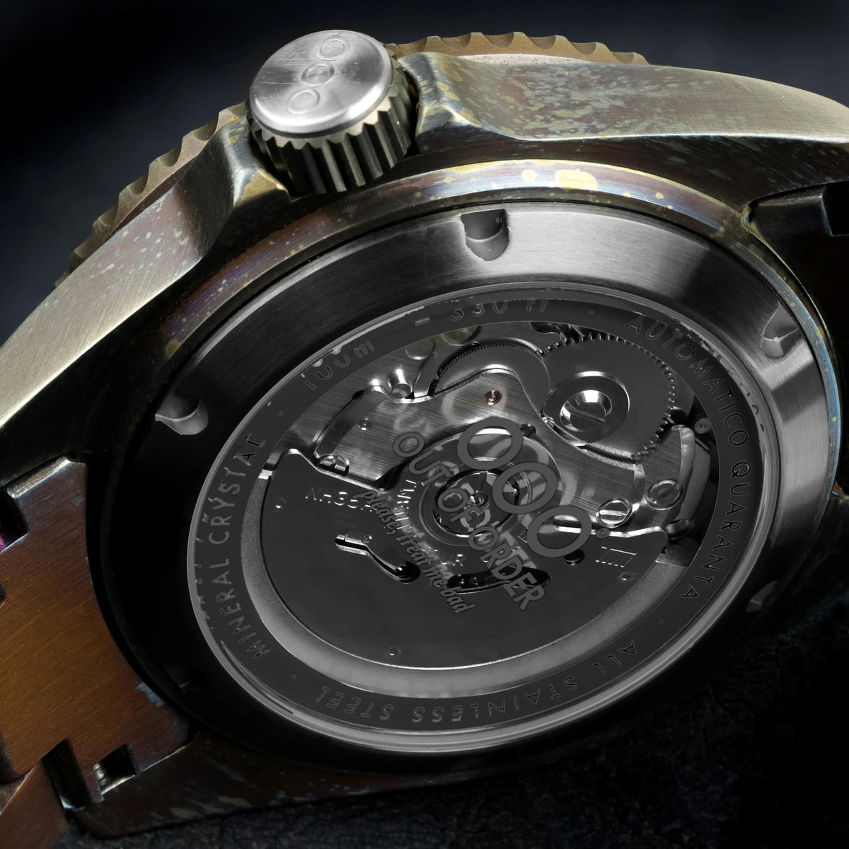 Men's automatic watch with visible mechanical movement on the caseback