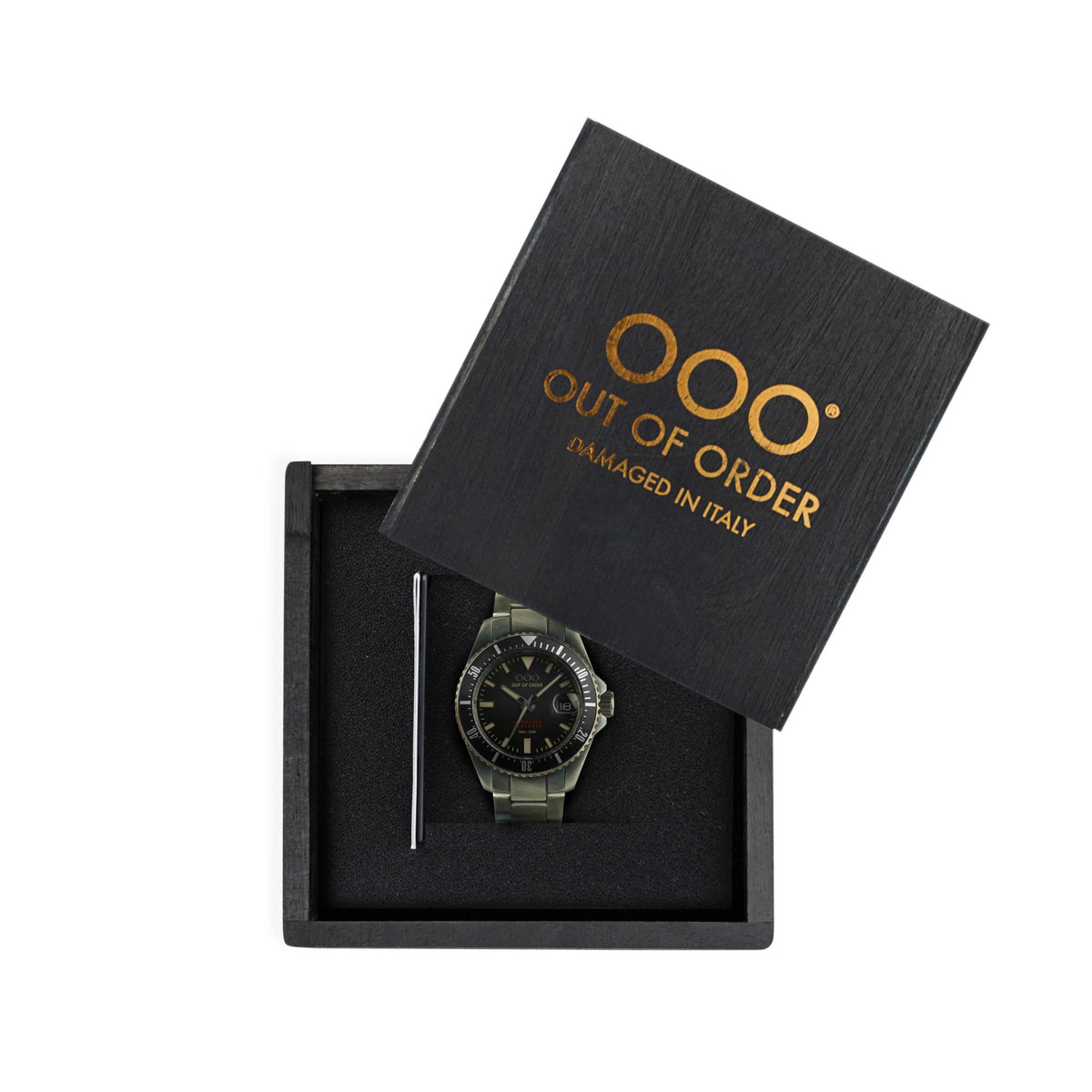 Men's automatic watch in a black Out of Order box with black dial and strap