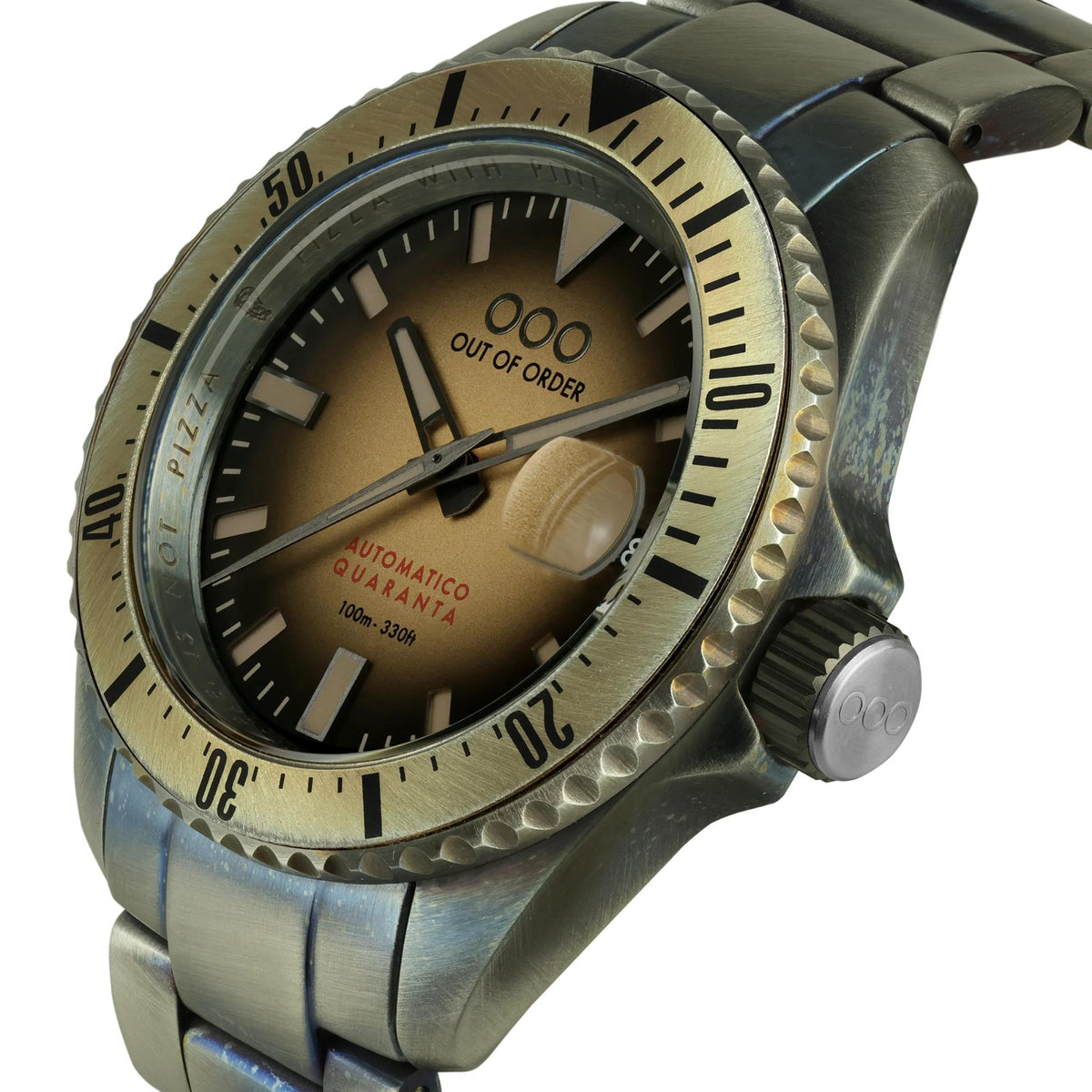 Men's stainless steel diver watch with sand dial, black bezel, crown guard, bracelet