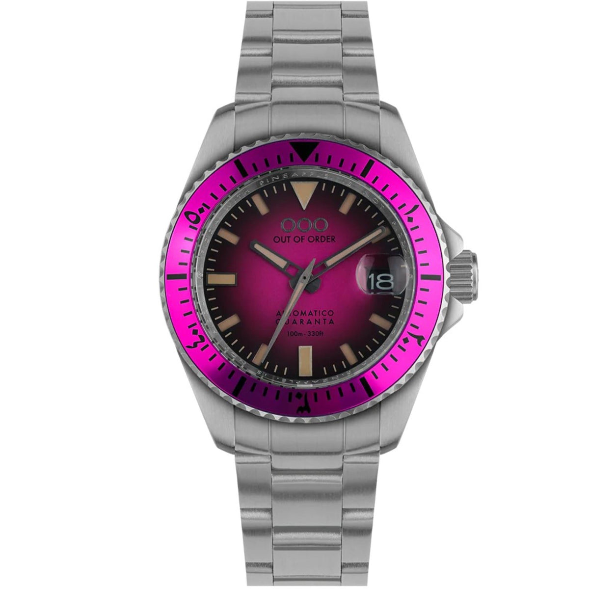 Men's stainless steel watch with magenta dial and magenta bezel, steel bracelet, date window.