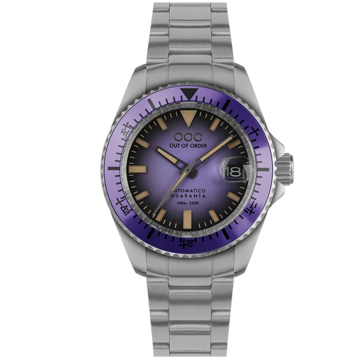 Men's steel automatic watch with purple bezel, dark purple dial, and luminous gold markers