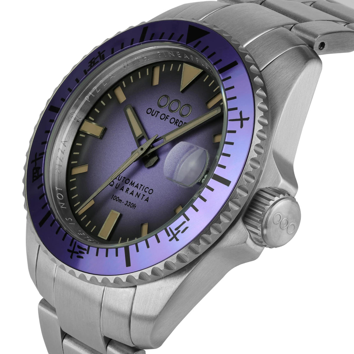 Men's automatic dive watch with purple dial, gold markers, and steel case