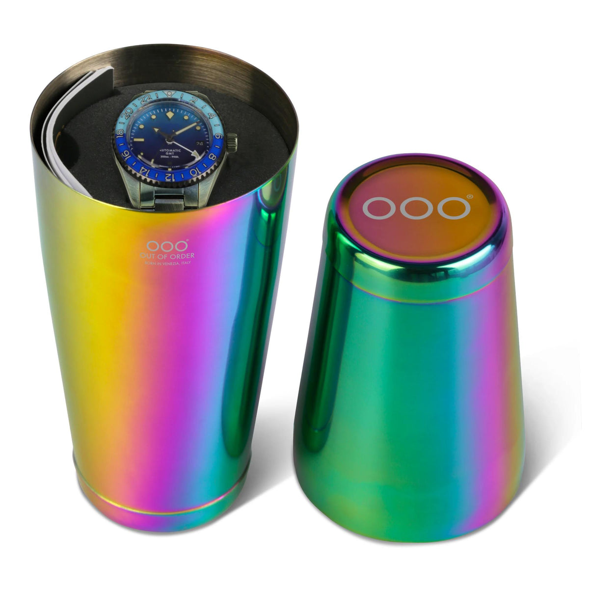 Rainbow iridescent metal canisters with a small blue-dial watch display